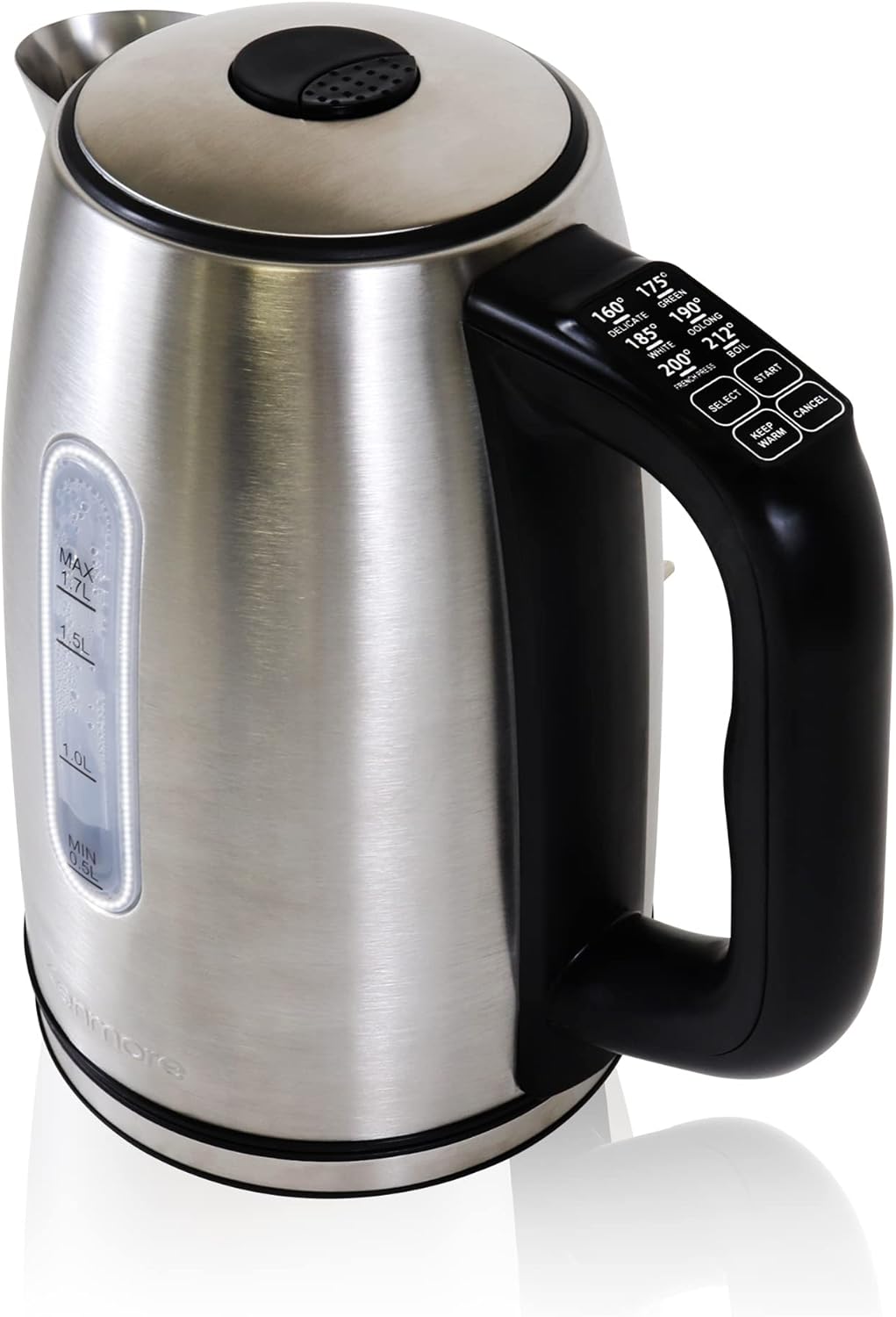 Kenmore Electric Kettle - Cordless Digital Calentador De Agua, Stainless Steel Instant Tea Pot, Preset Temperature Control, Automatic Shut-Off, Rapid Boil, Hot Water Boiling Heater, 1.7 Liter Silver