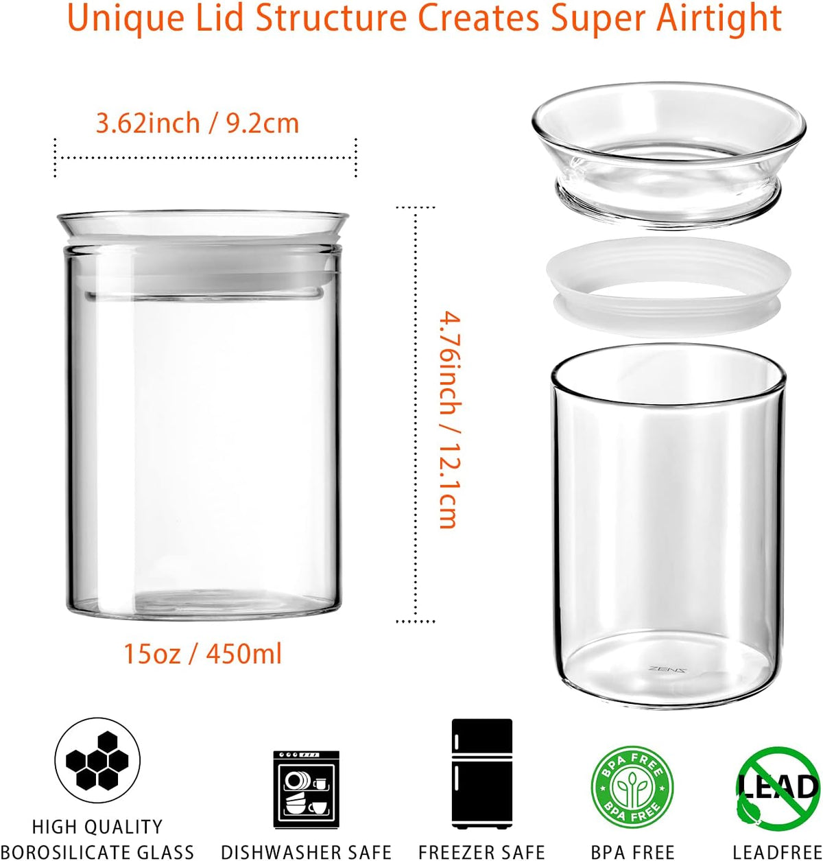 ZENS Glass Canisters Jar with Lid, Airtight Sealed 15 Fluid Ounce Spice Jars Sets of 2, Clear Small Kitchen Storage Containers for Herbs,Tea 4.76 x 3.15 IN