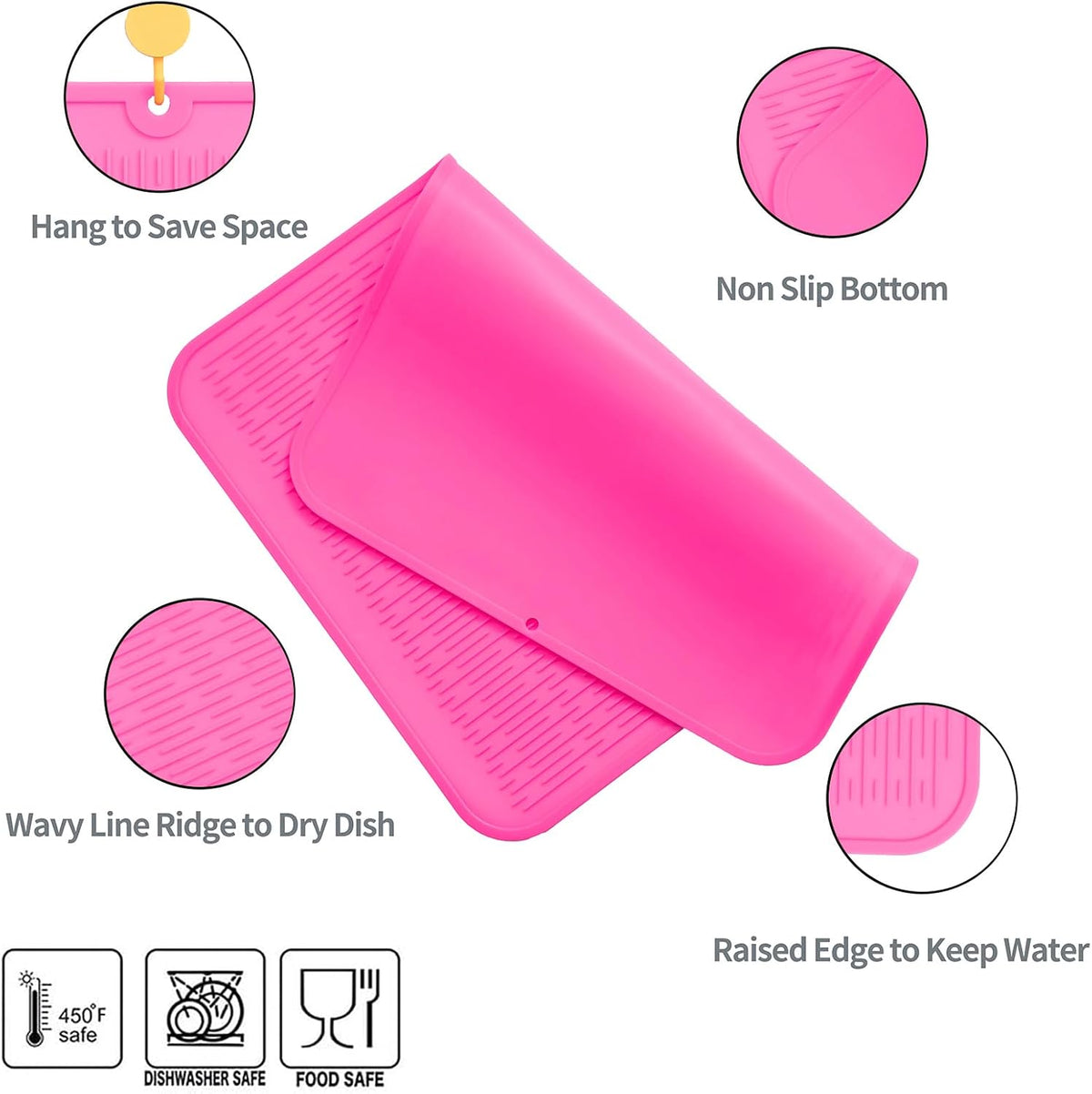 Silicone Dish Drying Mat for Multiple Usage,Easy clean,Eco-friendly,Heat-resistant Silicone Mat for Kitchen Counter or Sink,Refrigerator or Drawer Liner Rose 2XL 24 inches x 18 inches