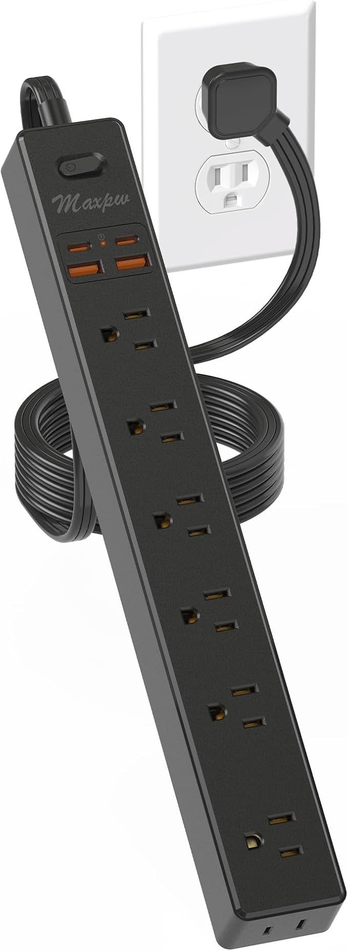 6 Ft Power Strip Surge Protector - 7 Outlets 4 USB Ports (2 USB C), Ultra Thin Flat Extension Cord & Flat Plug, 1700 Joules, Wall Mount, Desk Charging Station for Home Office Dorm, Black