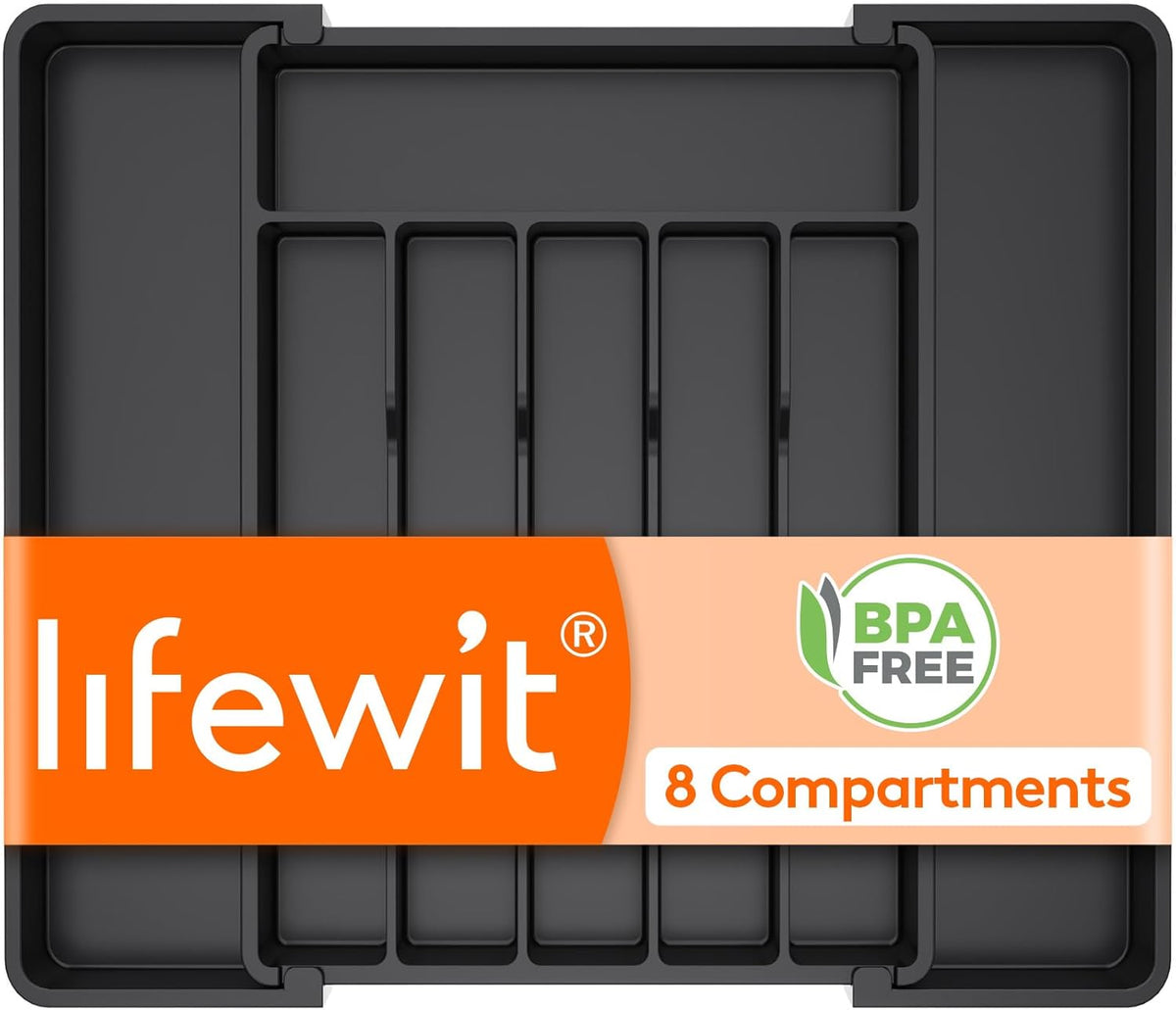 Lifewit Silverware Drawer Organizer, Expandable from 11 to 18 inches, Utensil Tray for Kitchen, BPA Free Flatware Cutlery Holder, Adjustable Plastic Storage for Spoons Forks Knives, Large, Black