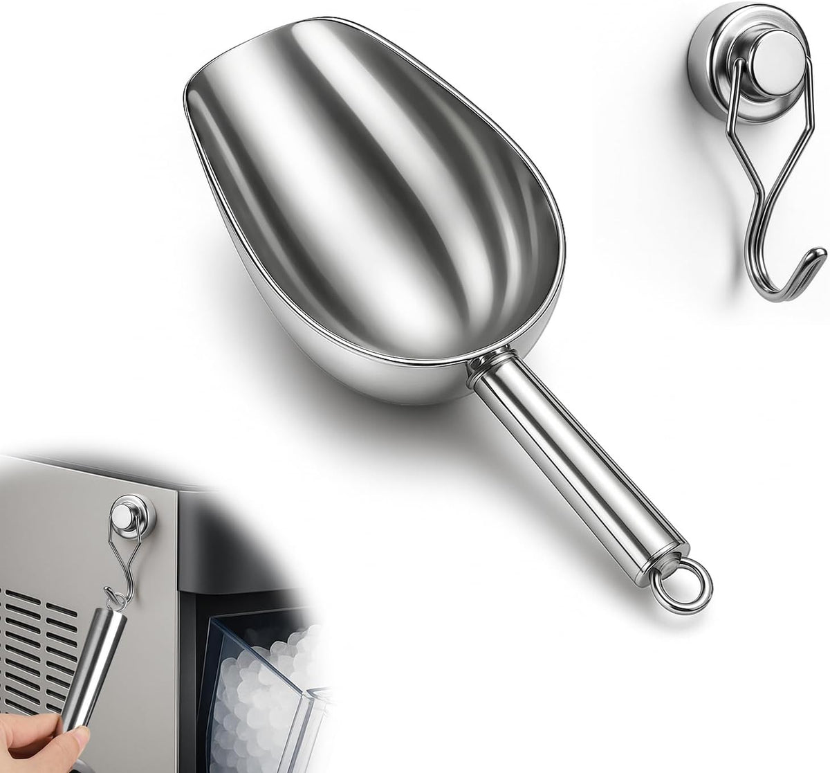 Stainless Steel Ice Scoop for Freezer with Magnetic Hook - Ice Scoop for GE Profile Opal 2.0 Nugget Ice Maker, for Kitchen Bar Party Accessories (6OZ)