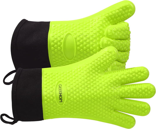 GEEKHOM BBQ Gloves Heat Resistant Oven Mitts - Silicone Grilling Gloves with 13.7" Arm Protection - Waterproof Pot Holder Non-Slip for Men & Women, Kitchen Outdoor Cooking, Baking, Camping, Green