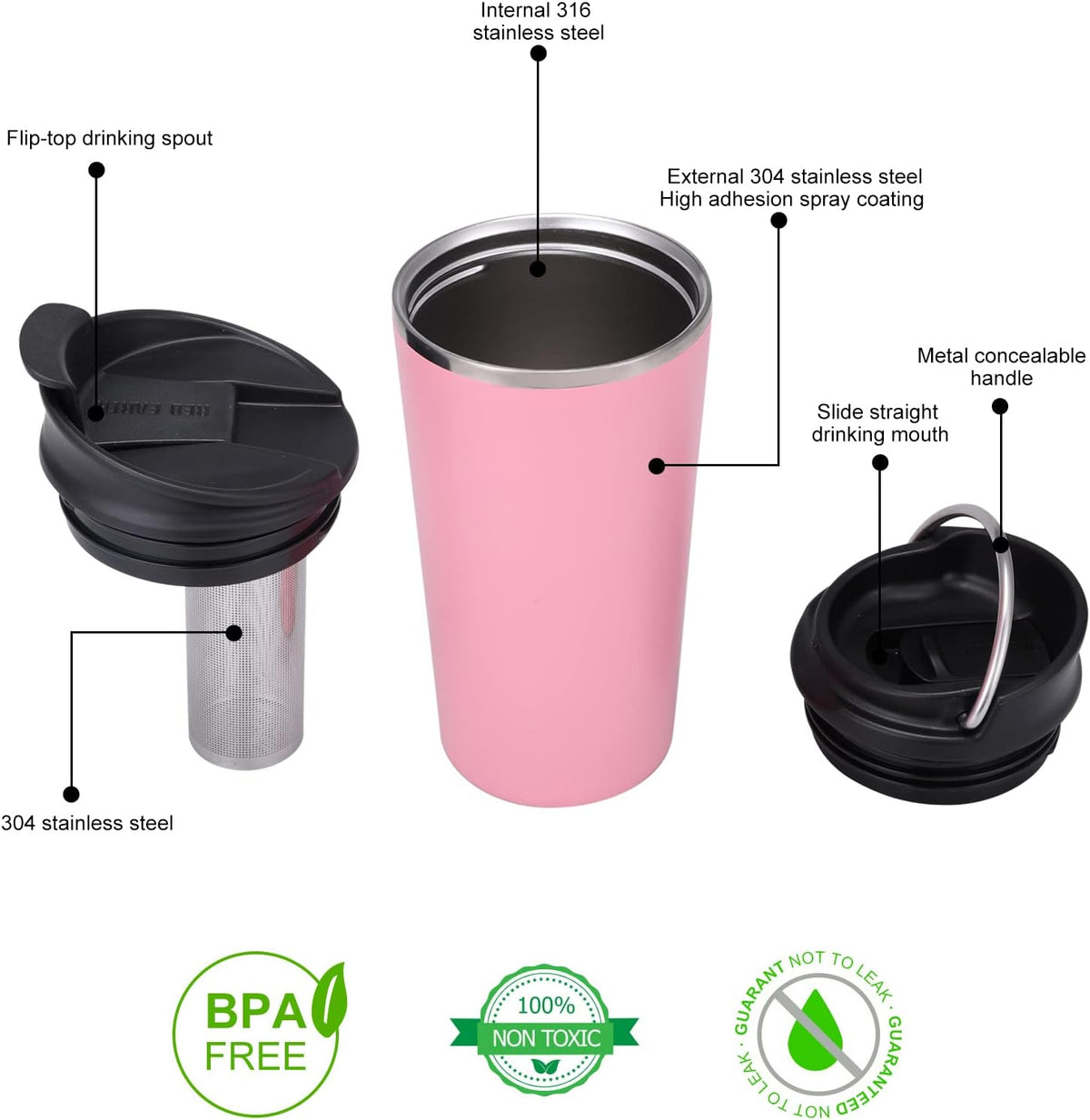 GiNT 17oz Travel Tea Mug with Infuser and Two Lid. Vacuum Insulated 316 Stainless Steel Travel Coffee Mug. Dishwasher Safe Tea Cup with Tea Strainer for Hot and Cold Brew Coffee or Tea(Pink)