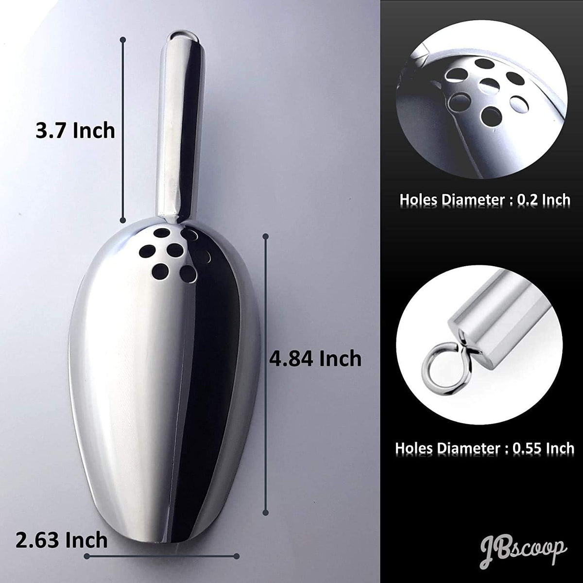 JBscoop Ice Scoop with Holes. Stainless Steel Ice Scoop with Drain Holes to Reduce Unwanted Dilution. Heavy Duty and Dishwasher Safe. Six Ounce Capacity.