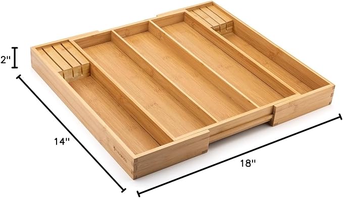 Purawood Kitchen Drawer Organizer with Knife Blocks - Utensil Drawer Organizer for Kitchen, Cutlery Tray & Silverware Organizer, 3-5 Slots - Bamboo Organizer for Utensils & Flatware (Natural)