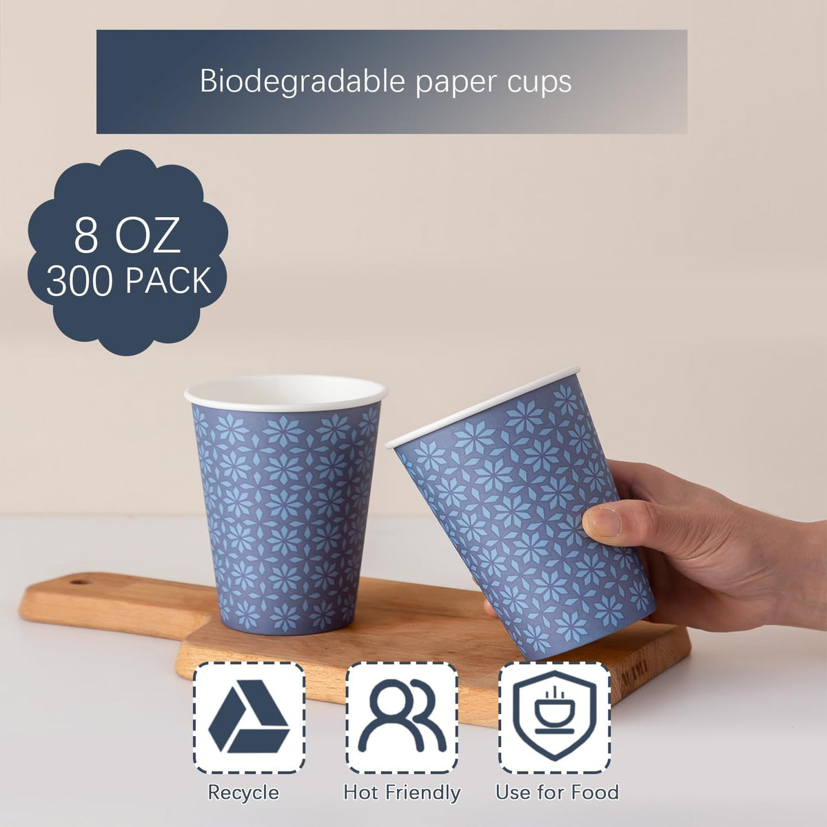300 Pack Paper Cups 8 oz, Disposable Hot/Cold Beverage Drinking Cups, 8 OZ Paper Coffee Cups, Navy Floral Coffee Cups for Party, Picnic, Travel, and Events.
