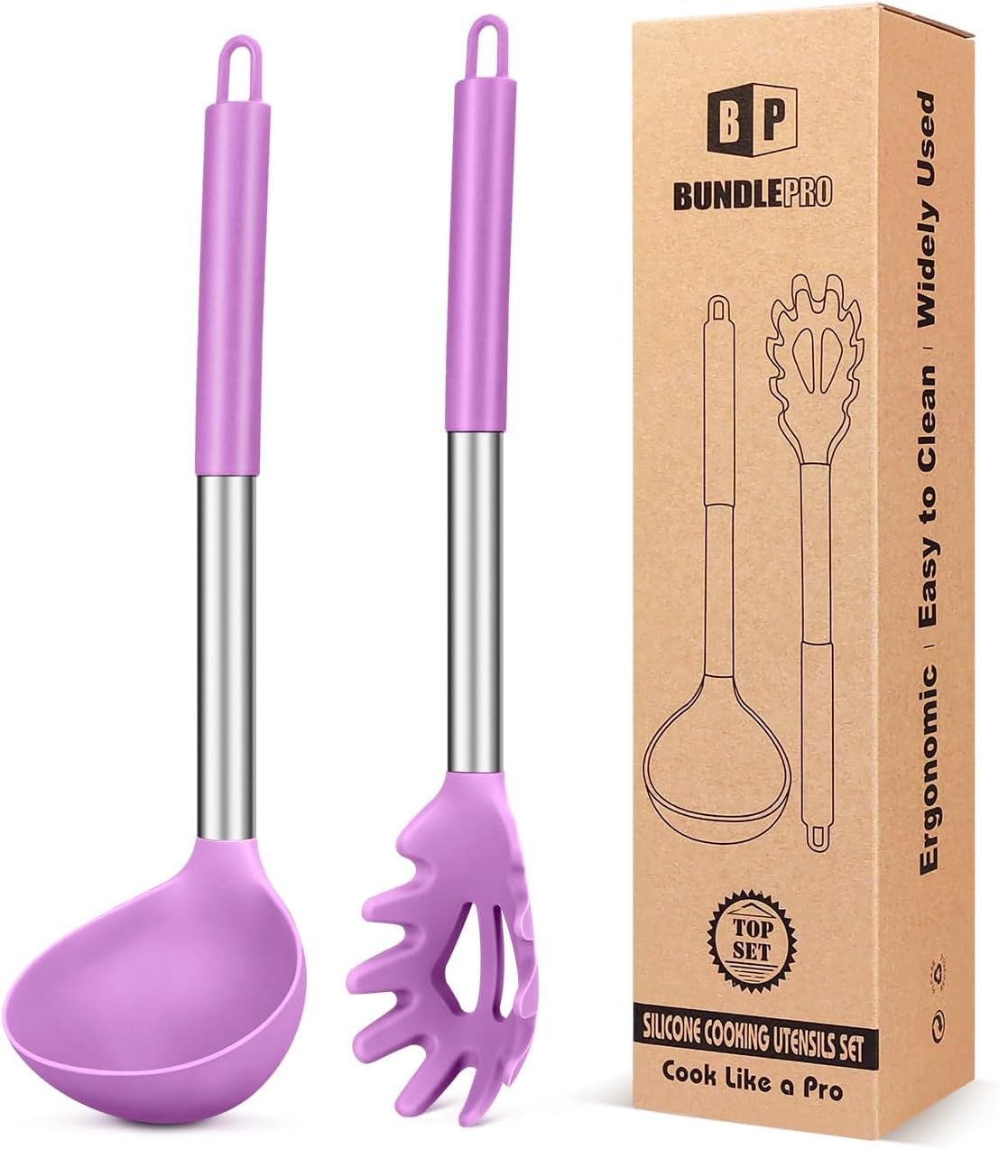 Silicone Pasta Fork and Ladle Spoon Set, Large Non Stick Kitchen Utensils for Cooking,Stirring,Serving Spaghetti, Soup, Sauce (PURPLE)
