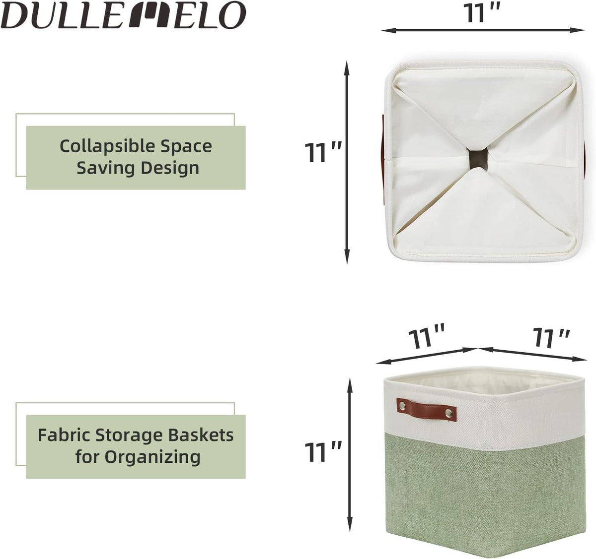 DULLEMELO Storage Baskets for Organizing, Fabric Storage Cubes for Dog Toy Box, 11 Inch Decorative Cube Storage Bins with handle for Baby Gift Basket(4 Pack - 11" White&Green)