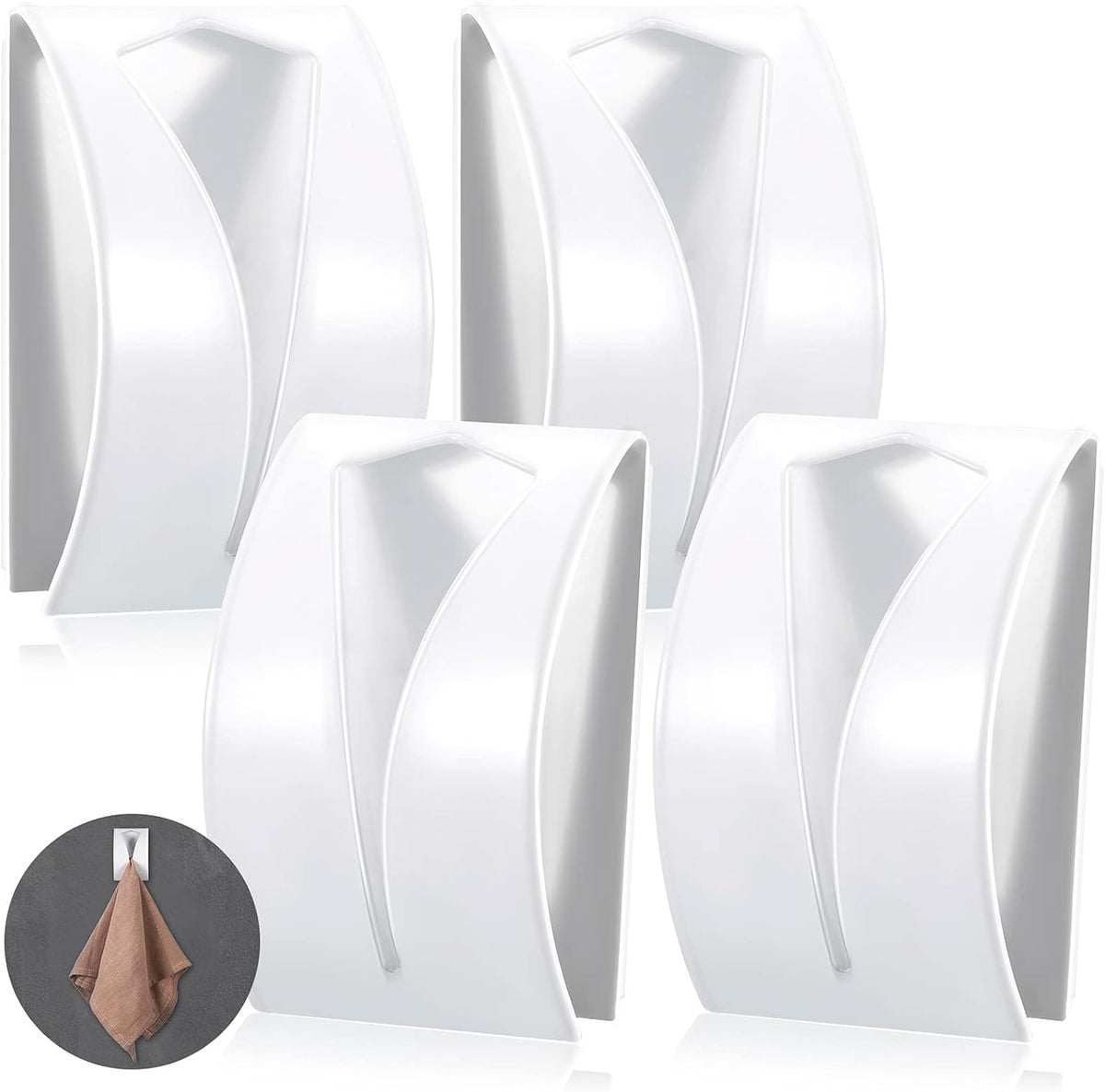 Boao 4 Pcs Self Adhesive Towel Hook Holder Grabber Stainless Steel Kitchen Dish Towel Hook Wall Mount Non Drilling Hangers Rack Hand Tea Holders for Bathroom Accesories Kitchen Gadgets(White)
