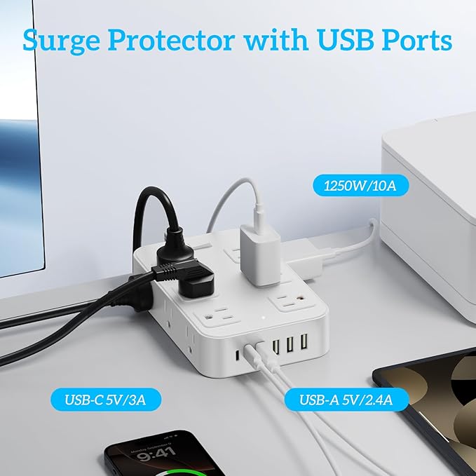 Flat Plug Power Strip Surge Protector with 12 AC Outlets 6 USB Ports 3 Side Multi Plug Outlet Extender 5 Ft Extension Cord for Home Office Kitchen Dorm Wall Desk Charging Station ETL Listed