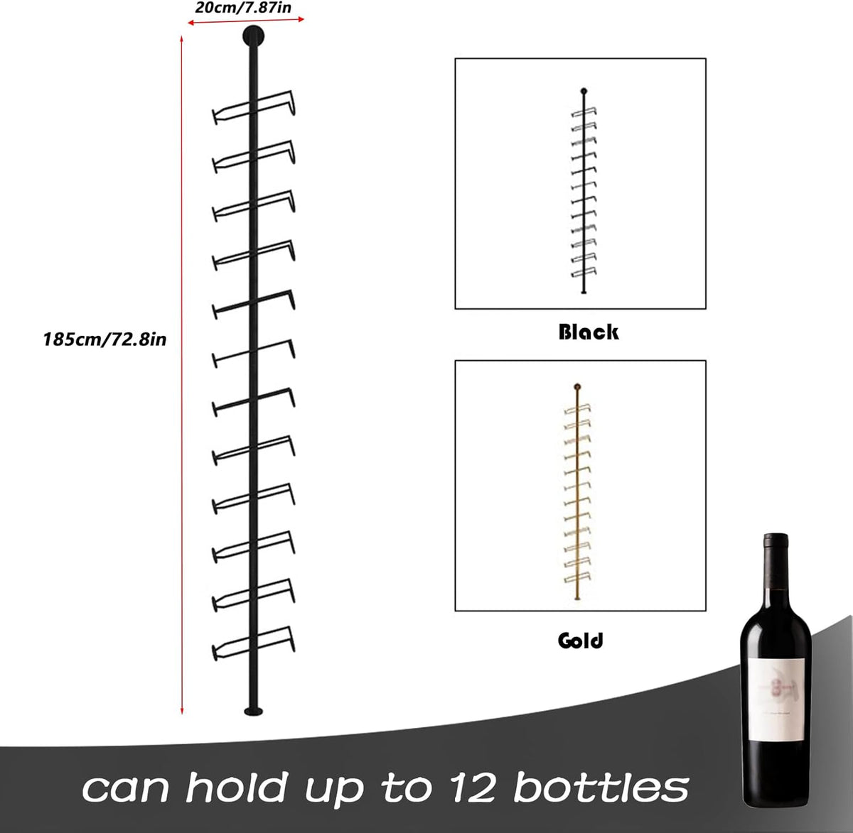 Wine Rack Wall Mounted, 72.8in High Metal Wine Bottle Holder for 12 Bottles, Kitchen Organization and Wine Storage for Commercial Restaurants Pantry Bar Wine Cellar (Black, One row-12 Bottles)