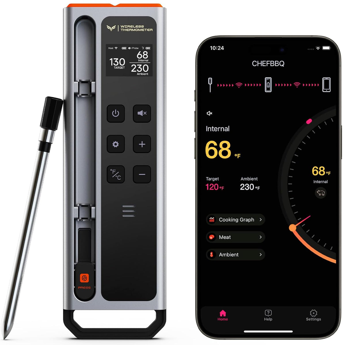 Meat Thermometer Digital Wireless, 800FT Long Range Bluetooth Cooking Thermometer, Food Thermometer for Remote Monitoring of Grill, Oven, Smoker, Air Fryer, Rotisserie, iOS & Android App