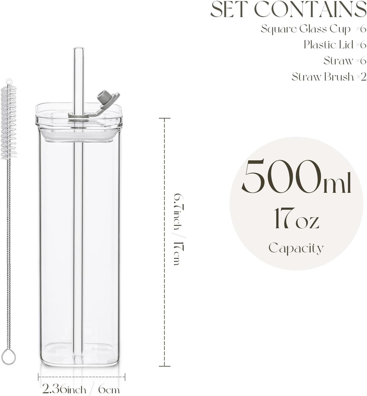 6 Sets Square Drinking Glass Cups, Old Fashioned Glasses, 17 Oz Square Glasses, Clear Highball Modern Glassware Tumbler Mixed Drinkware with Straws for Cocktail Coffee Juice Beer (Square-6PCS)