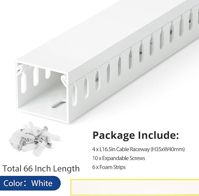 66in(4X L16.5in) Professional Server Rack Cable Management Raceway, H1.4in x W1.6in Cable Raceway Kit, Electrically Safe PVC Open Slot Wire Raceway for Under Desk/Computer/Network Cords, White
