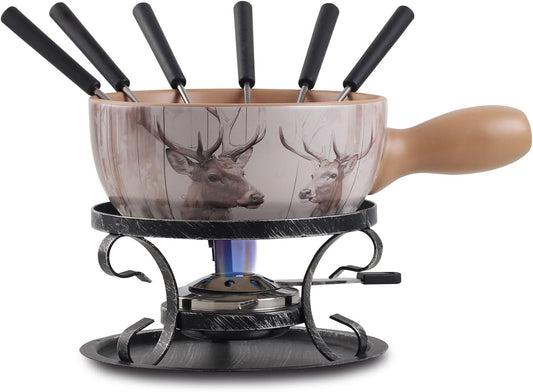 Artestia Swiss Fondue Set for Party - 2L Large Capacity Cheese Fondue Pot Melting Chocolate, Ceramic Fondue Pot, 6 Fondue Forks, Christmas, Wedding Gifts (Forest Duo)