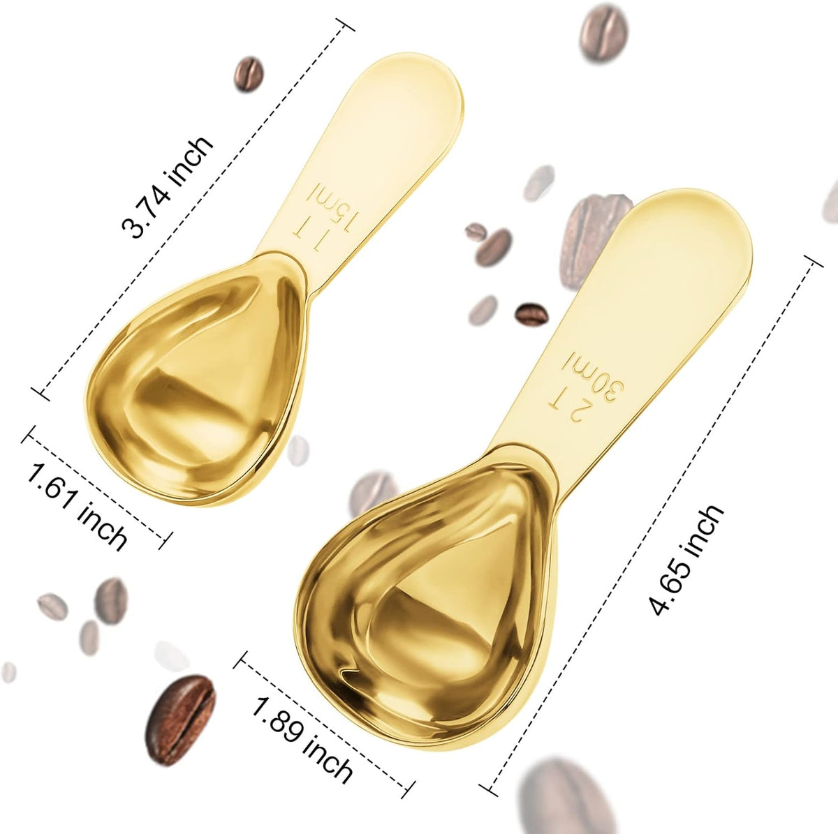 Stainless steel coffee scoop 2-piece set (1 tbsp, 2 tbsp) durable Tablespoon, ergonomic measuring spoon, Suitable for small and large jars，short-handled spoon (Gold)