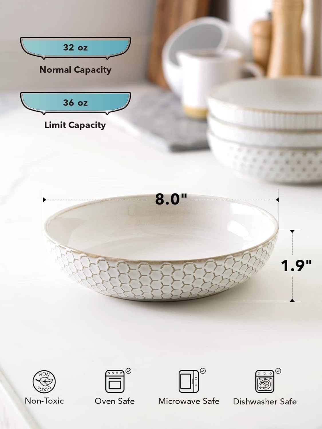 LE TAUCI Pasta Bowl 36 oz, Salad Bowl Serving Plate Bowls, Housewarming Wedding Present, Ceramic Embossment Bowl for Pasta, Fruits, Salad, Noodle, Dinner - 8 Inch, Set of 4, Arctic White