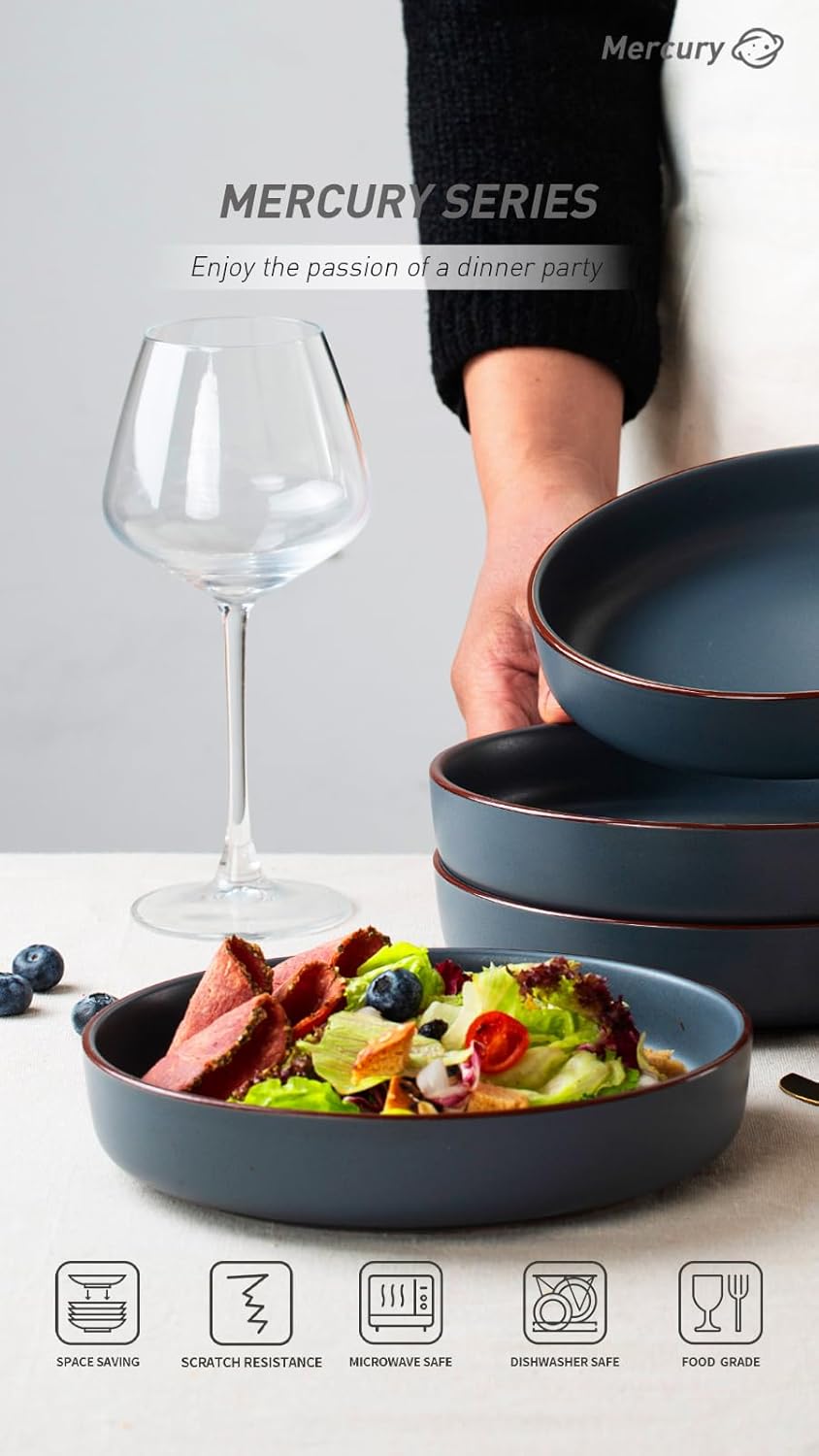 famiware Mercury Pasta Bowls Set of 4, 33 oz Large Salad Bowls, Ceramic Pasta Plates Bowls, Serving Bowls for Kitchen, Microwave & Dishwasher Safe, Charcoal