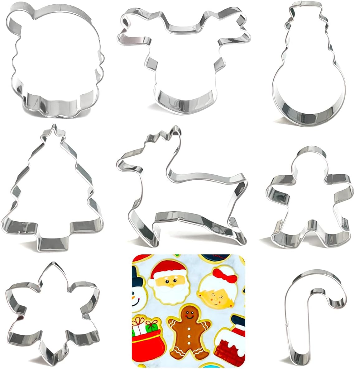 Christmas Cookie Cutters Set 8Pcs, Stainless Steel Fondant Cutter Sturdy Metal Biscuit Doubt Cutter, Cute Shapes Santa Claus Christmas Cane Tree Elk Snowflakes Snowman