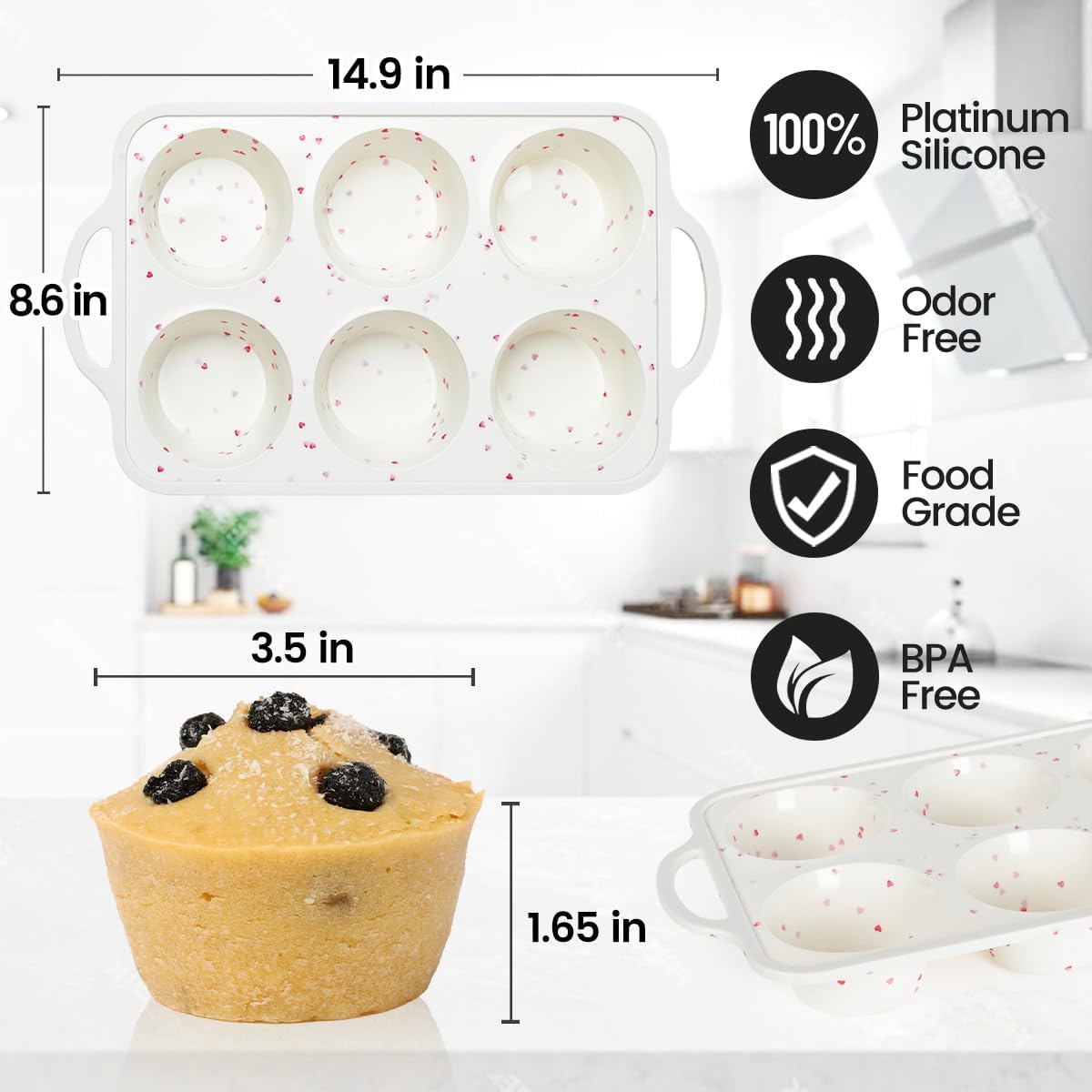 CAKETIME Large Muffin Pan, Metal Reinforced Frame 3.5 Inch Jumbo Silicone Muffin Pan Nonstick 6 Cups for Baking Jumbo Muffin, Frittatas, Cupcakes 2 Pack Love Heart