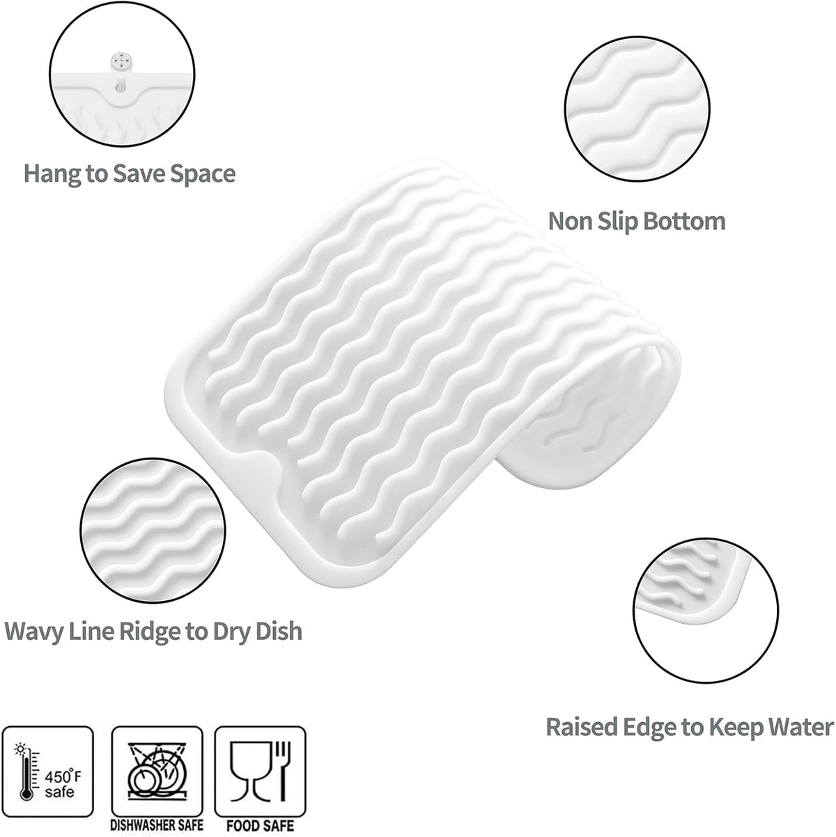 Silicone Dish Drying Mat for Multiple Usage,Easy clean,Eco-friendly,Heat-resistant Silicone Mat for Kitchen Counter or Sink,Refrigerator or Drawer Liner White S 12 inches x 6 inches