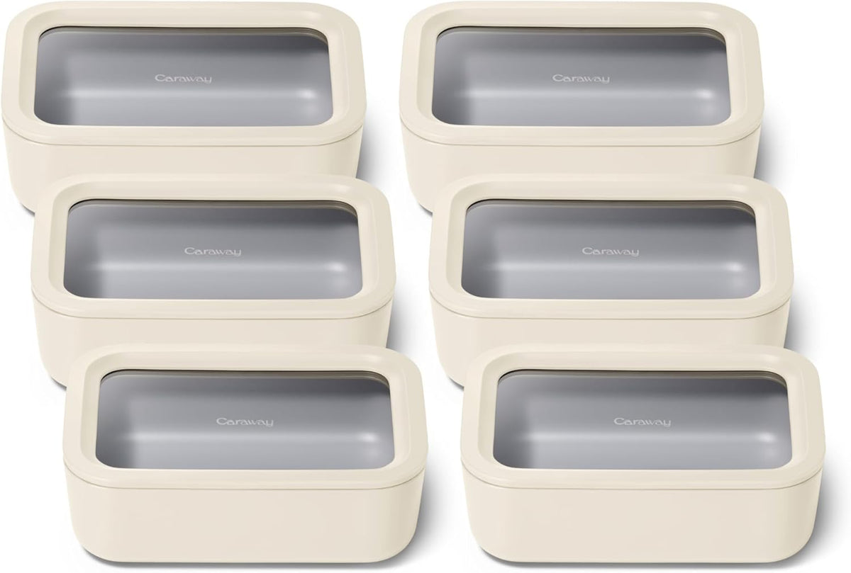 Caraway 6pc Glass Food Storage Set – 6.6 Cup Food Containers (6) - Ceramic Coated - Non Toxic, Non Stick with Lids - Microwave Safe - Cream