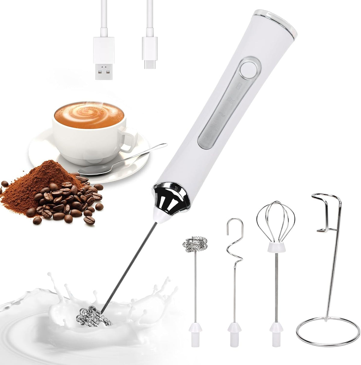 Rechargeable Milk Frother with Stand - 3 Speed Adjustable Electric Whisk, 3 Detachable Stainless Steel Heads for Latte, Cappuccino, Matcha, Egg (White)