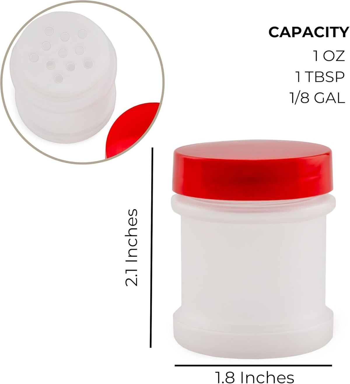 Cornucopia Brands Mini Plastic Spice Jars w/Sifters (12-Pack, Red); 2 Tablespoon Capacity (1 Fluid Ounce) Spice Bottles for Travel, Glitter, Gifts, Favors, Etc.
