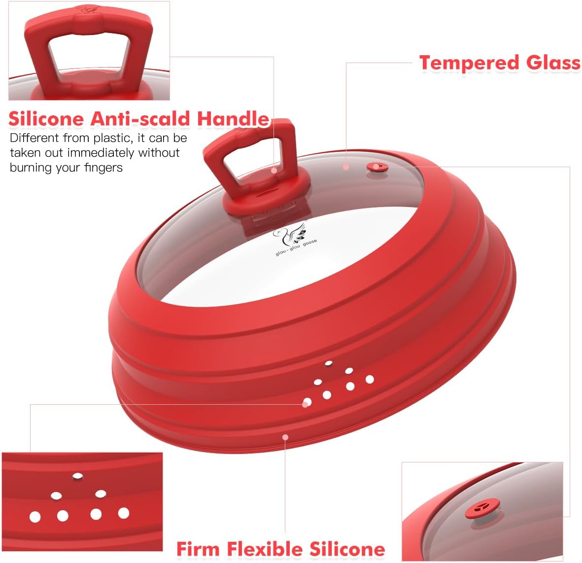 Microwave Splatter Cover Vented Glass Splatter Guard Lid with Collapsible Silicone for Food as Pot Cover Plate 10.8 inch