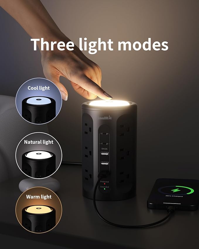 Surge Protector Power Strip Tower with 5 USB Ports and Night Light,10FT Extension Cord with 12 AC Multiple Outlets (Black, 10FT)
