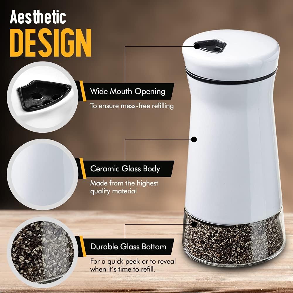 The Original Salt and Pepper Shakers set - White- Spice Dispenser with Adjustable Pour Holes - Stainless Steel & Glass - Set of 2 Bottles