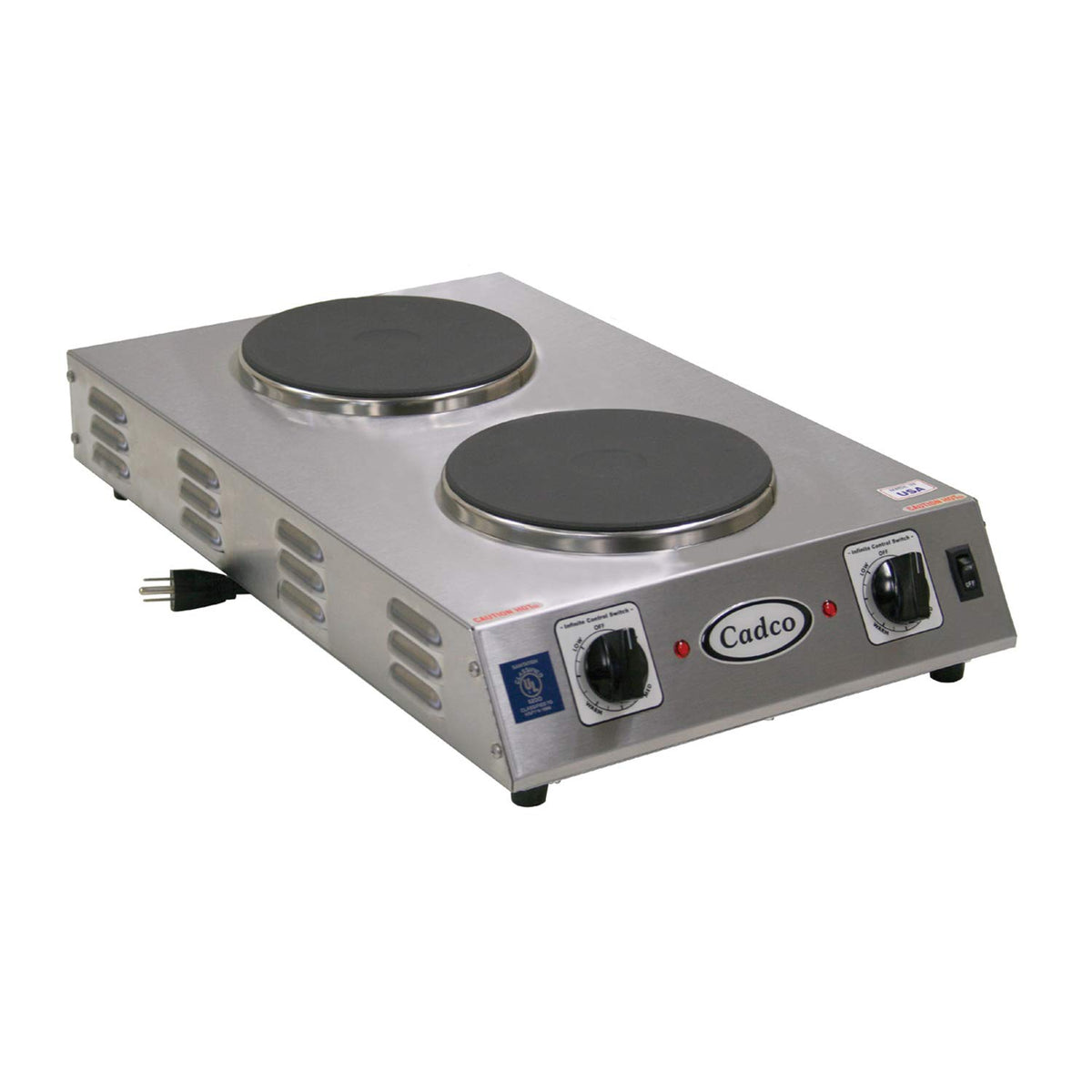Cadco CDR-2CFB 13-1/2" Electric Portable Countertop Space Saver Hot Plate w/Two Cast Iron Burners for Restaurant Hotel Food Truck Concession Kiosk, Stainless Steel, 120v