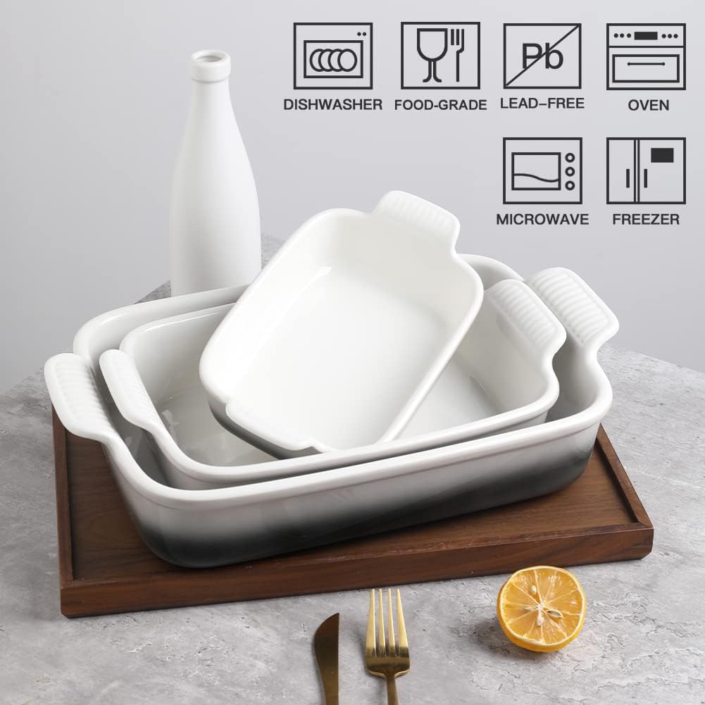 Sweejar Baking Pans Set, Ceramic 9x13 Baking Dish with Handle, Rectangular Casserole Dishes for Oven, Bakeware Sets of 3, Durable Lasagna Pan Deep for Kitchen, Banquet, Wedding Gift(Gradient Gray)