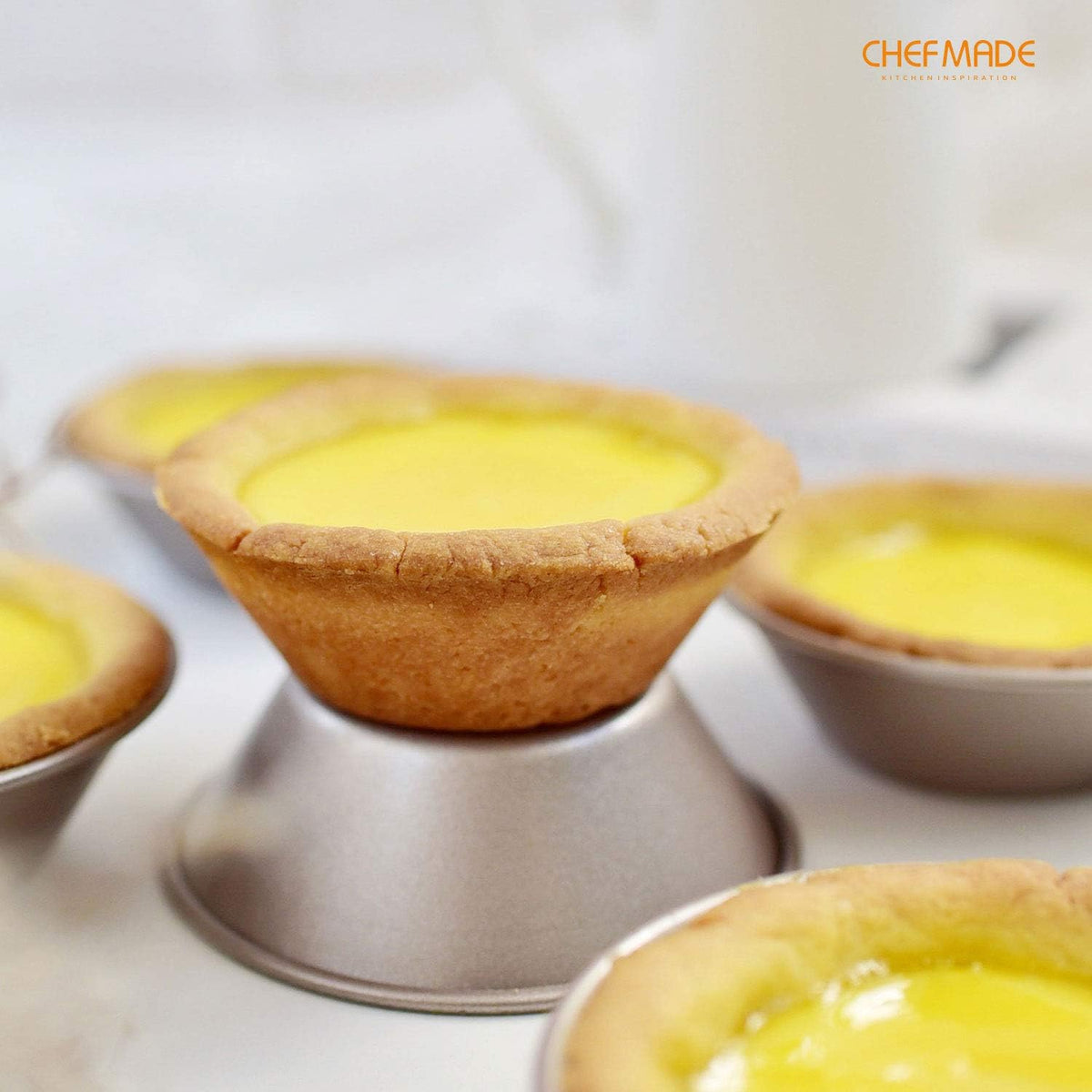 CHEFMADE Mini Pudding Pan Set, 3-Inch 4Pcs Non-Stick Egg Tart Mold Round Mini Cake and Loaf Bakeware for Oven and Instant Pot Baking (Champagne Gold)