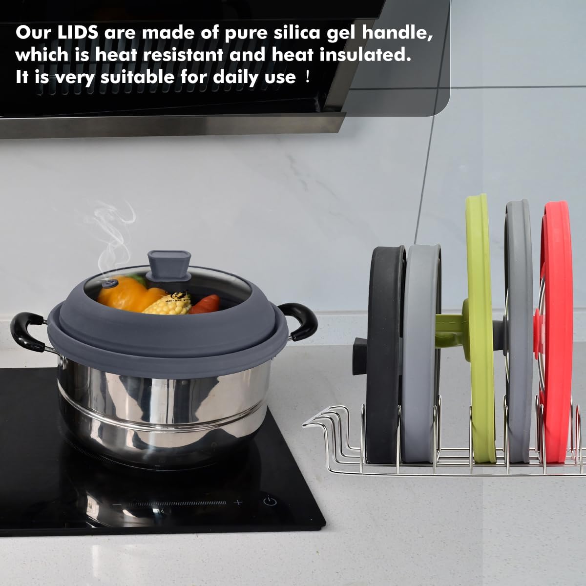 Microwave Splatter Cover Glass Splatter Guard Lid with Collapsible Silicone for Food Pot Plate Cover 10.8 inch Light Grey