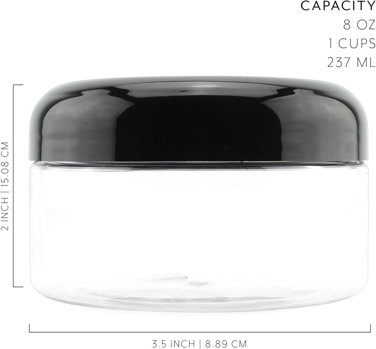 Cornucopia Brands 8oz Clear Plastic Jars w/Black Plastic Lids (6-Pack); BPA Free PET Stackable Containers for Bathroom & Kitchen Storage & Cosmetics