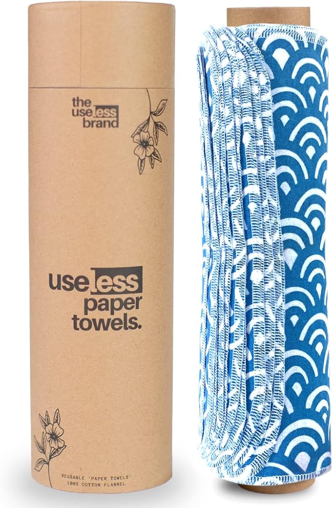 The Useless Brand Reusable Paper Towels Roll | Washable Cotton Flannel Sheets w/Cardboard Roll | Fits on Most Holders (Waves, 12 Towels)