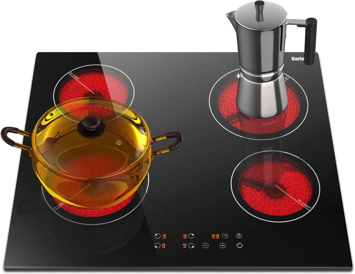 Karinear Drop-in 4 Burner Electric Cooktop 24 Inch Radiant Cooktop, Electric Stove Top with Residual Heat Indicator, Child Safety Lock, Timer, 220-240V, 6000W, Hard Wire(No Plug)