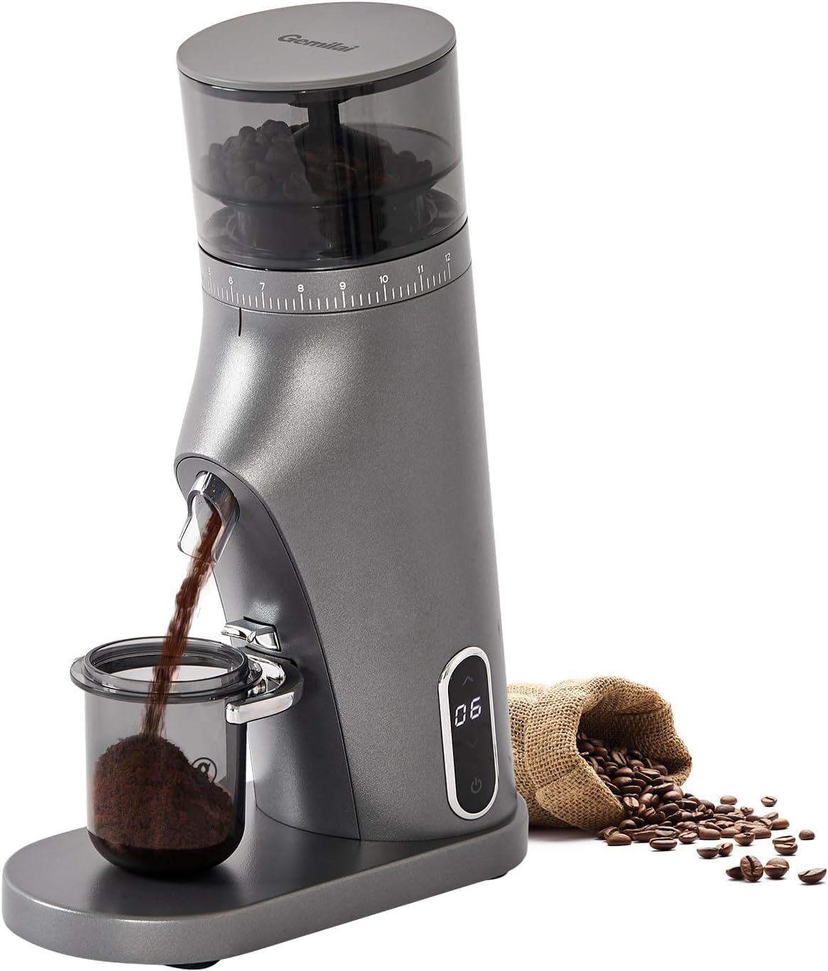 Gemilai Electric Conical Burr Coffee Grinder, Coffee Bean Grinder with Smart 60S Timer, 60 Precise Adjustable Grind Settings for Espresso, 2-12 Cup, Easy to Clean, Durable & Quiet, G9010B Grey