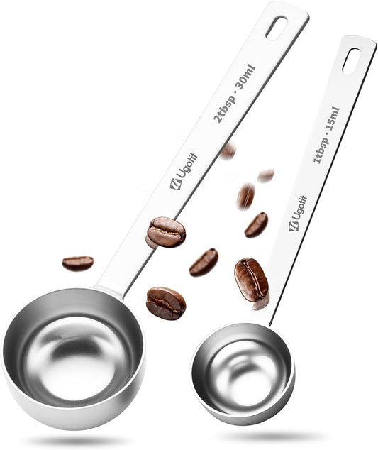 Coffee Scoop for Ground Coffee, 304 Stainless Steel Long Handled Measuring Spoons Set for Baking, Supplements, 1 Tbsp & 2 Tbsp