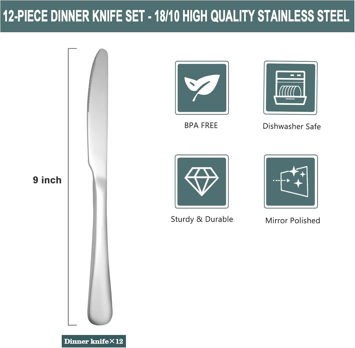 SANTUO Stainless Steel 12-Piece Dinner Knives Pack, Table Steak Knives Set for 12 (Silver 9 Inches)