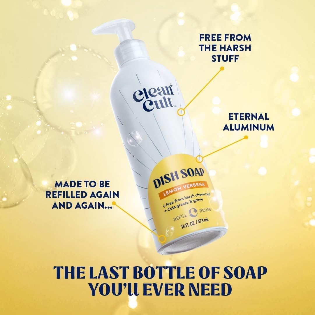 Bundle of Cleancult Dish Soap Liquid Refills (32oz, 1 Pack) - Lemon Verbena + Cleancult - Lemon Verbena - Liquid Dish Soap - Refillable Aluminum Bottle - 16 oz