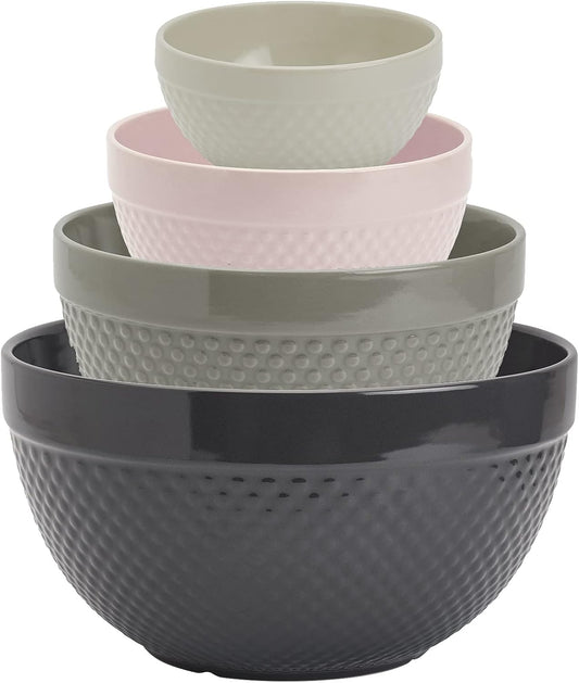 TTU Tabletops Gallery Hobnail Style 4 Piece Timeless Grey Stoneware Nesting Mixing Bowl Set for Baking and Cooking