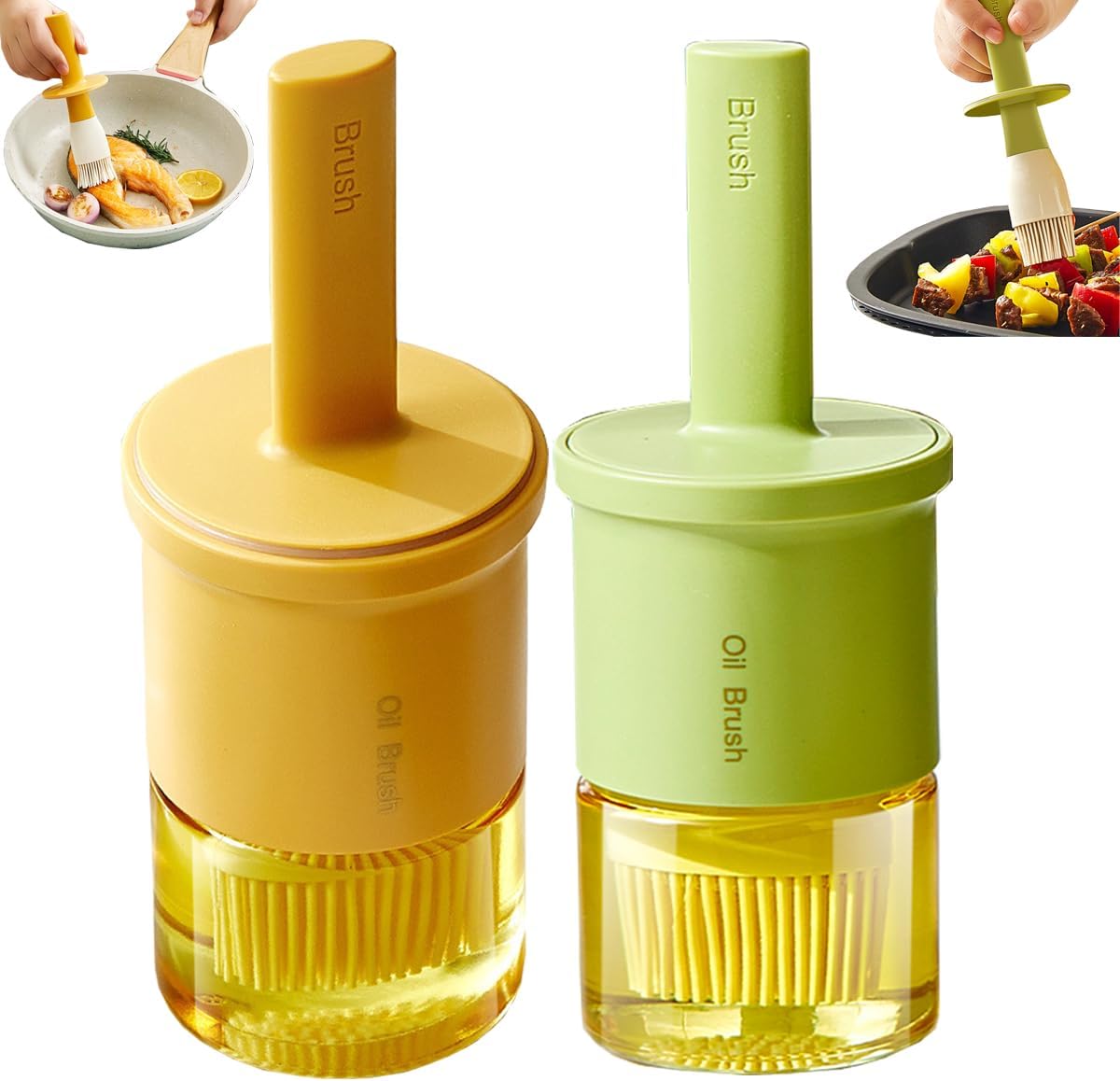Glass Oil Dispenser with Heat Resistant Brush,Oil Dispenser Bottle with Silicone Pastry Brush for Kitchen,Cooking Vinegar and Sauce BBQ Grill Frying (Oil Dispenser-Green&Yellow)
