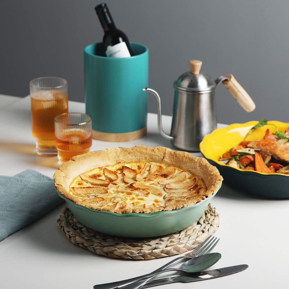 Sweejar Ceramic Pie Pan, 10 Inch Round Baking Dish, Non-Stick with Soft Wave Edge for Apple, Pumpkin, Pot Pies (Green)
