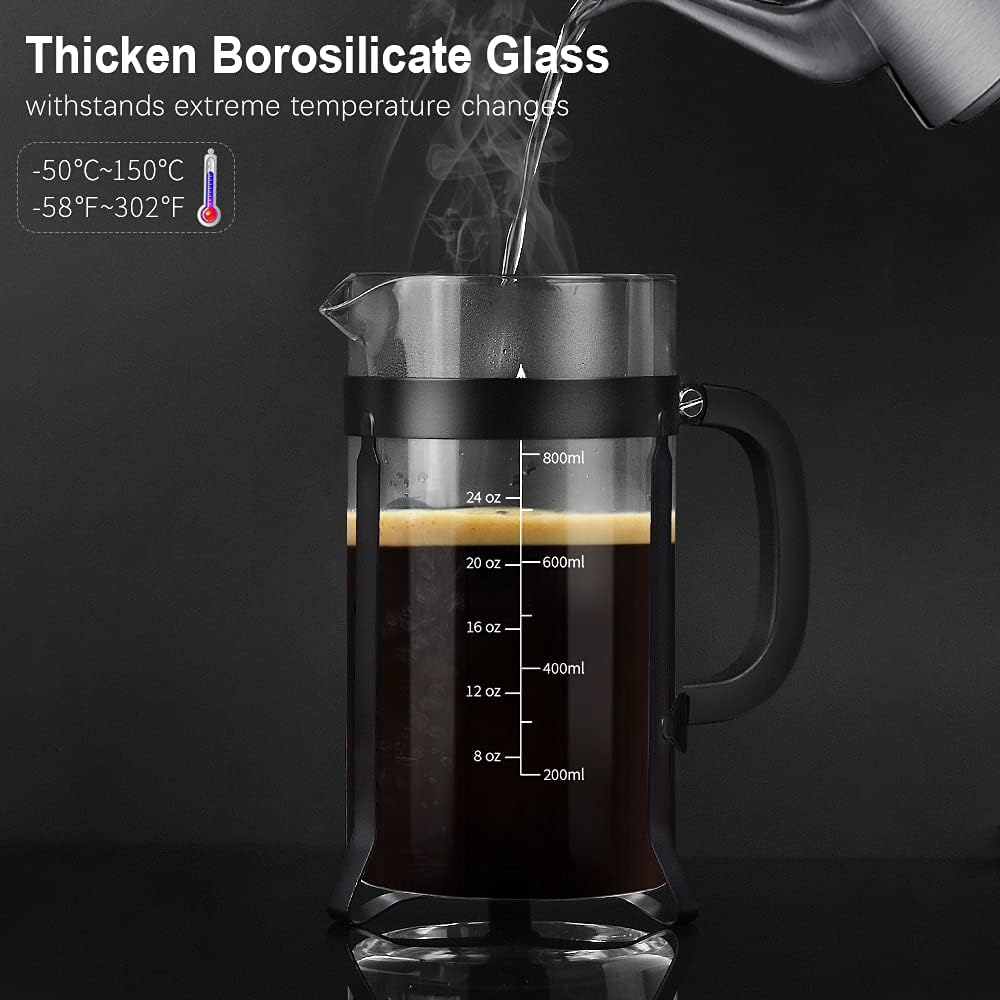 QUQIYSO French Press Coffee Maker 34oz 304 Stainless Steel French Press with 4 Filter, Heat Resistant Durable, Easy to Clean, Borosilicate Glass Coffee Press, 100% BPA Free Glass Teapot, Black