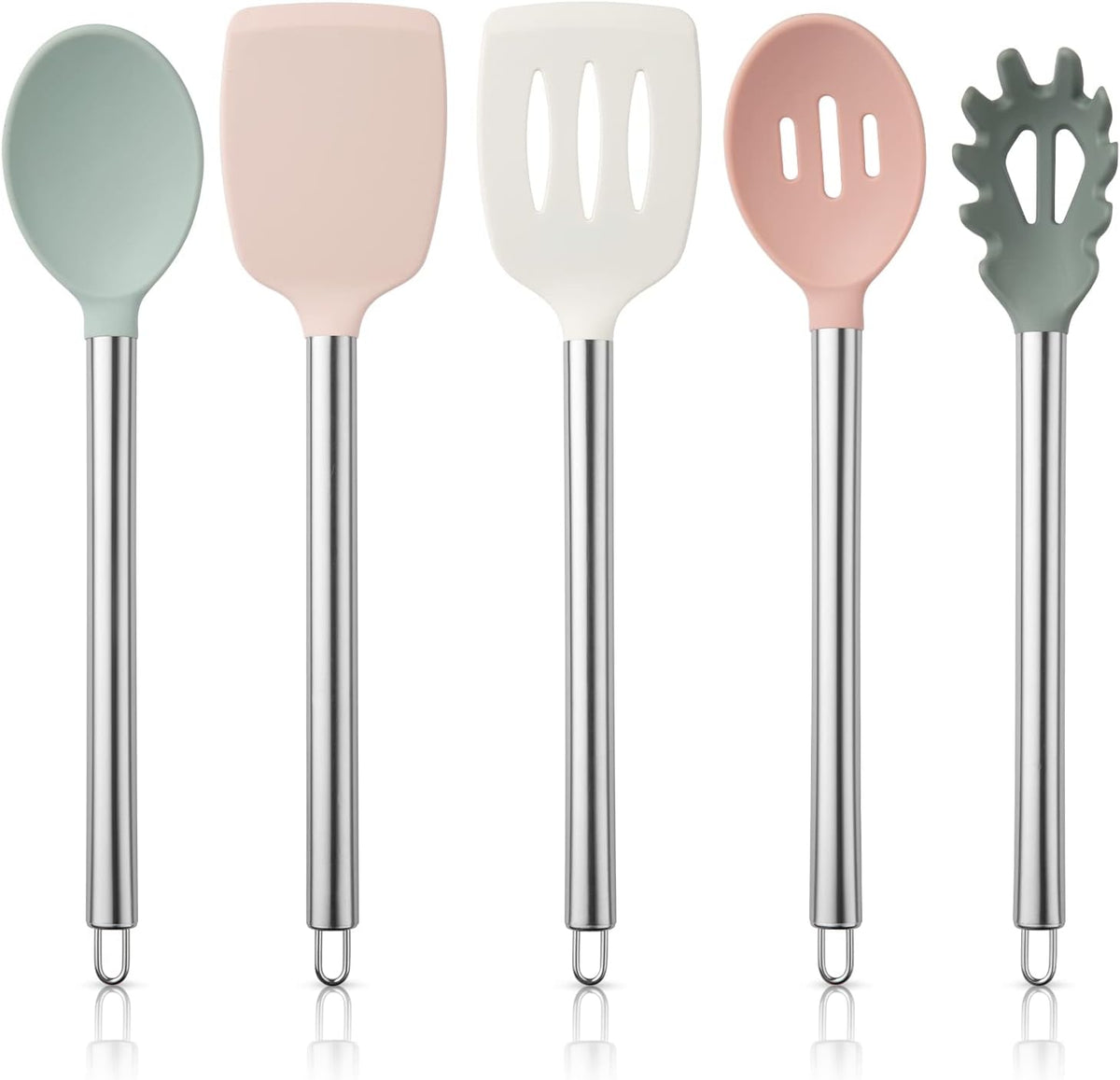 COOK WITH COLOR Silicone Cooking Utensils, Kitchen Utensil Set, Easy to Clean Silicone Kitchen Utensils, Cooking Utensils for Nonstick Cookware, Kitchen Gadgets Set, 5 Pieces, Mint