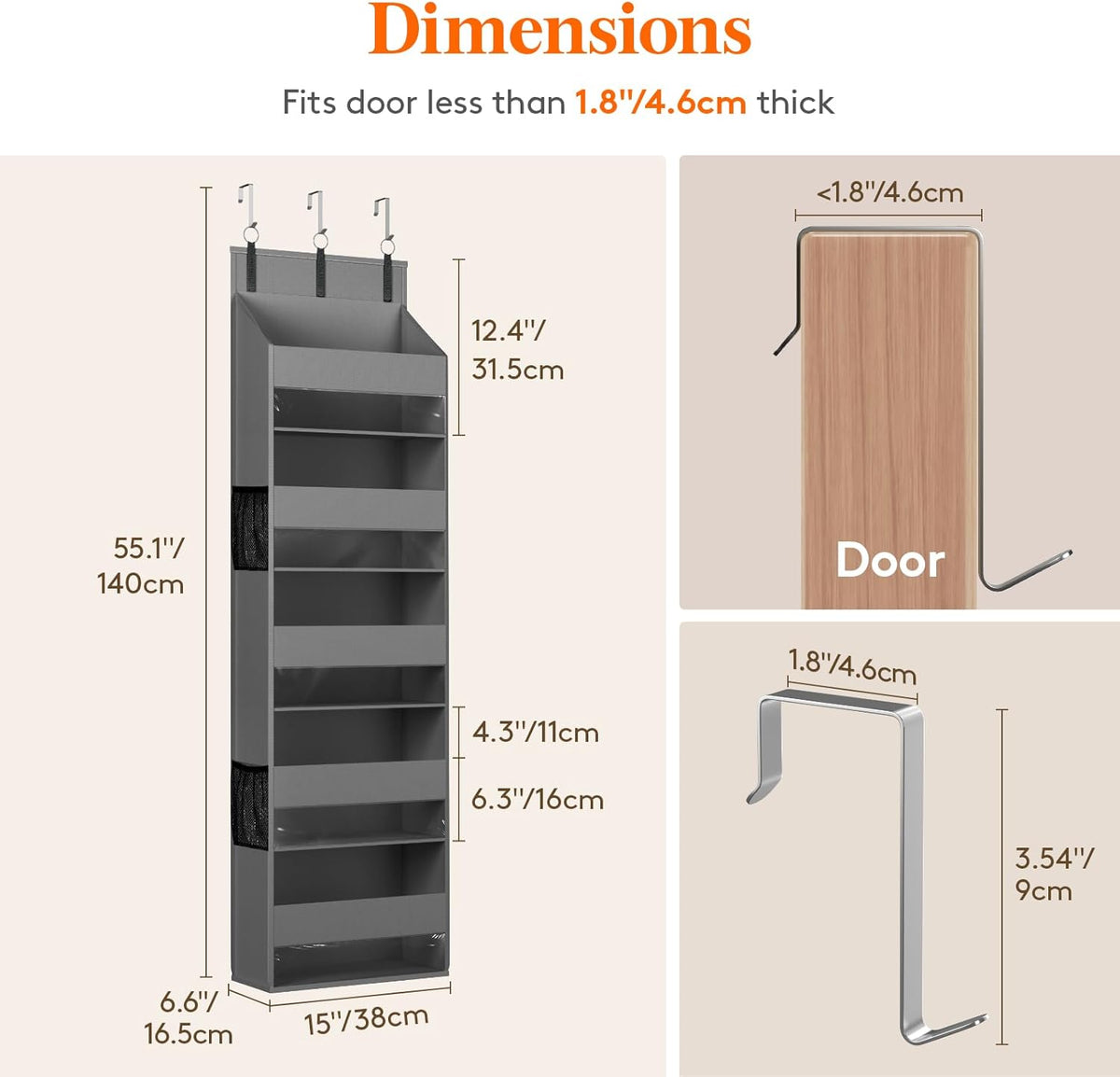 Lifewit 8 Packs Over the Door Organizer, 5 Shelf Clear Window Hanging Storage with 4 Mesh Side Pockets, Anti Tilt 40 lbs Load Behind Door for Pantry, Nursery, Bathroom, Bedroom, Kitchen, Dorm, Grey