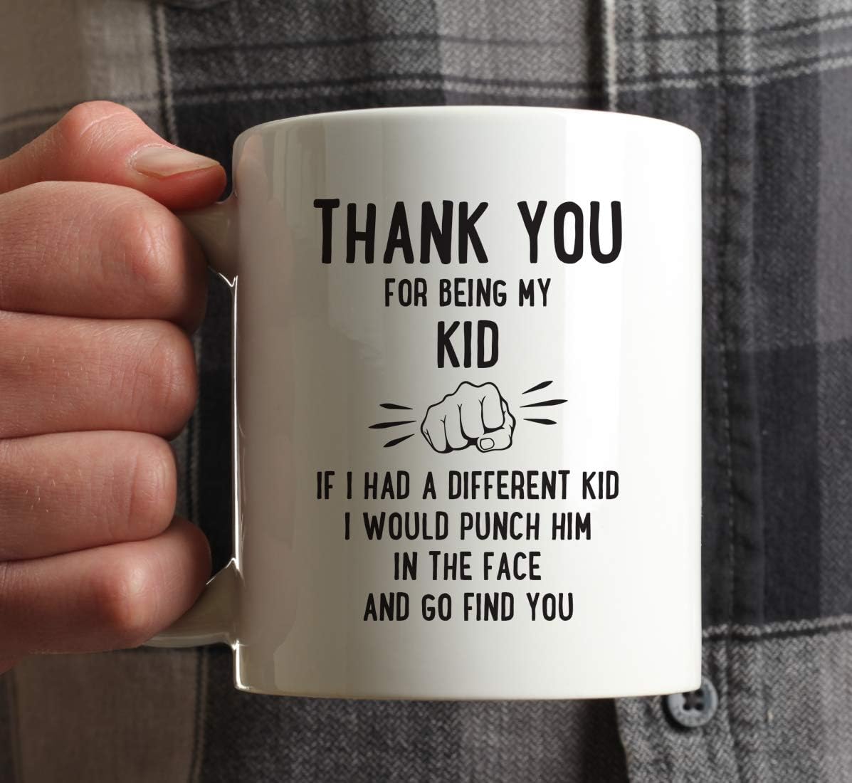 Andaz Press Funny Family 11oz. Coffee Mug Gift, Thank You for Being My Kid, Punch in Face, 1-Pack, Christmas Birthday Drinking Cup Present Ideas